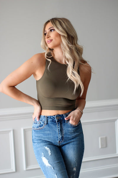 Seamless Ribbed Crew Neck Crop - Olive Green
