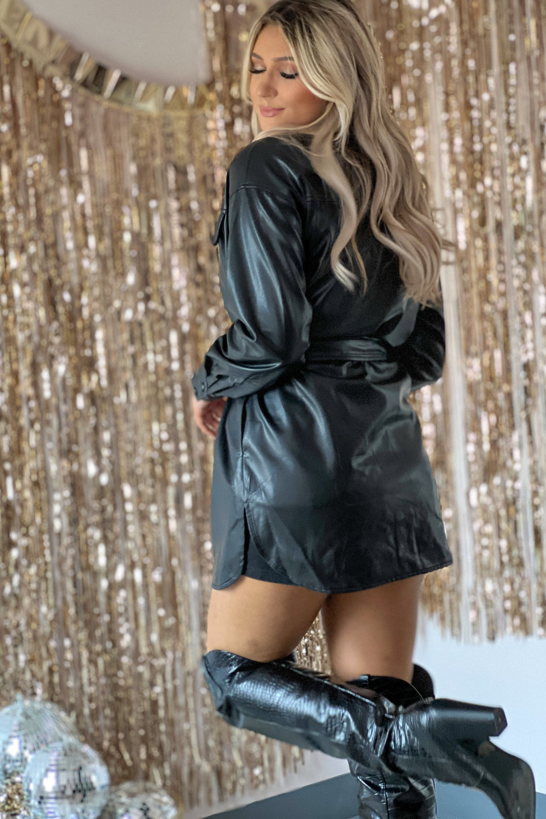 leather shacket dress Faux Tie Up 95% Poly 5% Spandex Length Ally Vegan Leather Shacket