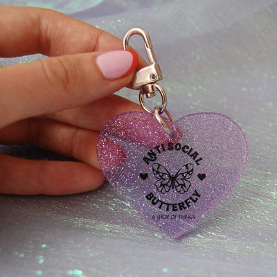 Antisocial Butterfly Glitter Heart Keychain